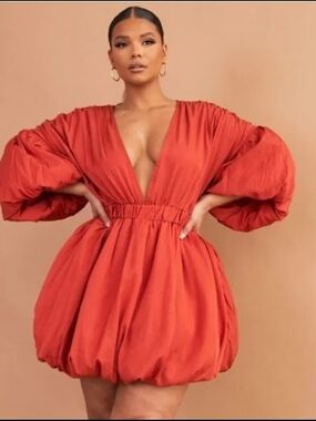 PrettyLittleThing Terracotta Plunge V-Neck Mini Dress